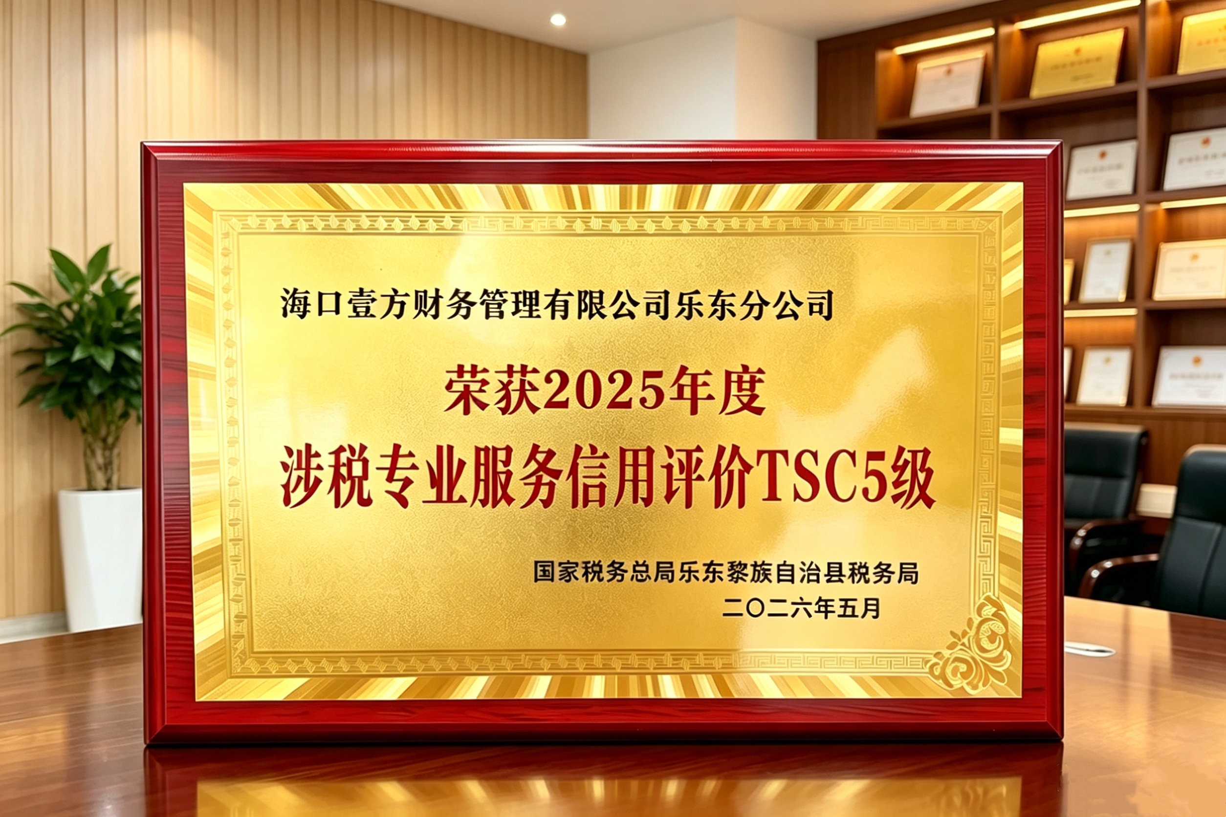 恭喜壹方乐东分公司荣获涉2025 年度《涉税专业服务最高信用评价TSC5 级》